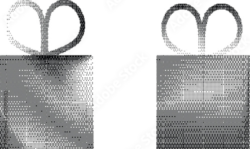 Gift box dither pixel textured for greeting cards, posters. Holiday decoration. Vector illustration.