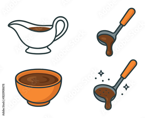 Cartoon gravy set with ladle and bowl in vibrant orange and brown tones