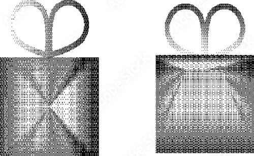 Gift box dither pixel textured for greeting cards, posters. Holiday decoration. Vector illustration.