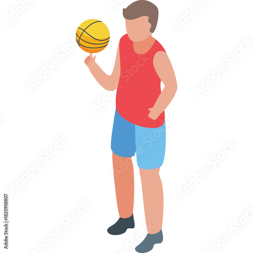 Young Man in Red Tank Top and Blue Shorts Spinning Yellow Basketball on Finger Against White Background