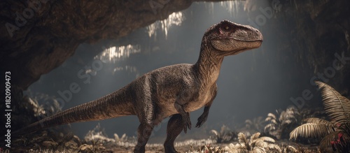 A raptor stands in a cave, illuminated by light. Lush vegetation surrounds the predator