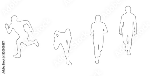 Top view CAD drawing of athletes outline. sprinting, jogging, walking, stretching hamstrings, bending forward, standing ready pose. Vector illustration