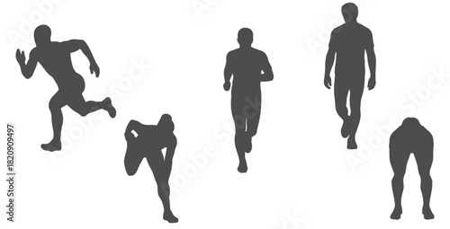Top view CAD drawing of athletes silhouette. sprinting, jogging, walking, stretching hamstrings, bending forward, standing ready pose. Vector illustration
