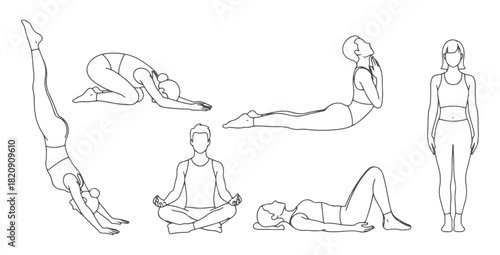 Top view CAD drawing of people in yoga poses. downward dog, child’s pose, cobra pose, sitting cross-legged, laying flat, standing mountain pose. Vector illustration