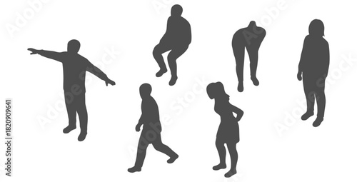 Top view CAD drawing of people silhouette. standing , sitting, leaning forward, walking, turning slightly, relaxed standing. Vector illustration
