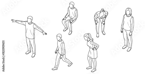 Top view CAD drawing of people. standing, sitting, leaning forward, walking, turning slightly, relaxed standing. Vector illustration