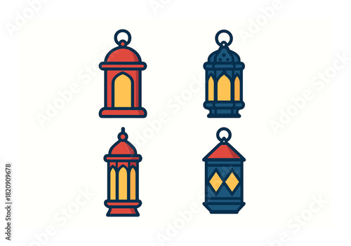 Colorful lantern icon set with decorative designs and traditional shapes