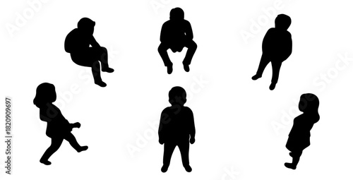 Top view CAD drawing of students silhouette. sitting upright, leaning forward, sitting sideways, walking, turning head posture, standing relaxed. Vector illustration