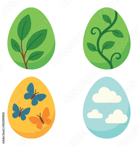 Nature-themed icons: leaves, vines, butterflies, clouds in colorful egg shapes