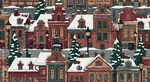 Cozy Winter Village: Seamless Pattern of Snow-Covered Buildings and Christmas Trees
