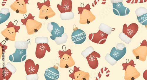 Festive Christmas Pattern with Cute Bells, Mittens, Ornaments, and Stockings Design