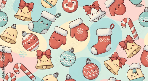 Cute Christmas Ornament Seamless Pattern: Festive Bells, Stockings, Mittens, and Candy