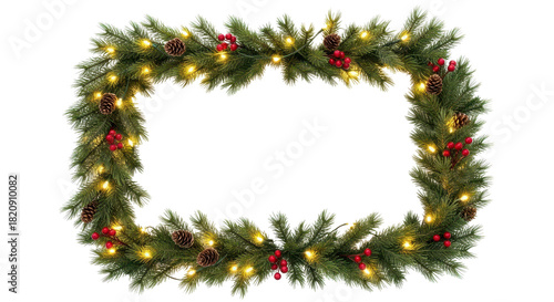 Christmas Pine Garland Frame with Warm Lights, Red Berries, and Pine Cones isolated PNG with Transparent Background