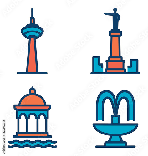 Iconic landmarks featuring tower, monument, pavilion, and fountain in vibrant neon colors