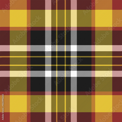 Checker plaid textile pattern, merry christmas fabric background check. Brazil tartan seamless vector texture in yellow and red colors.