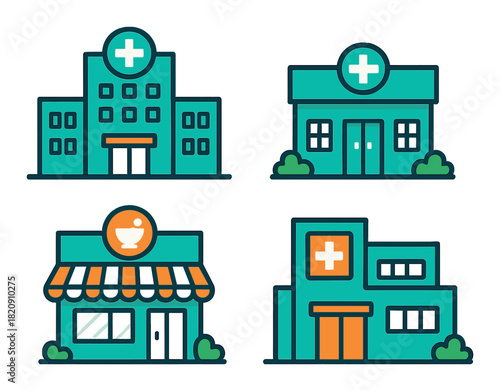 Health facility icons: hospital, clinic, pharmacy in modern design