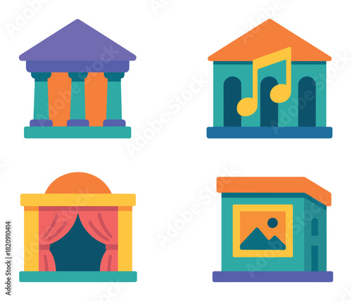 Colorful cultural landmark icons: theater, museum, music hall