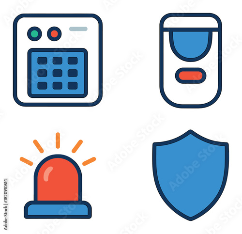 Security system icons set: keypad, sensor, alarm light, shield