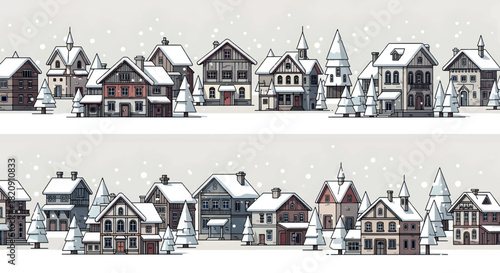 Winter Village Houses and Trees Covered in Snow, Seamless Vector Border Illustration