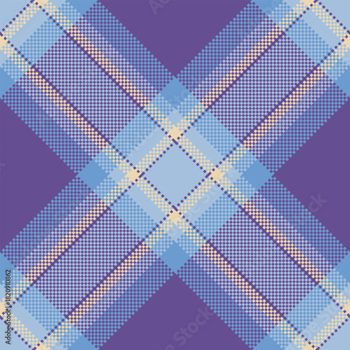 Geometric plaid pattern with blue, violet,  tan tones. A classic textile design perfect for backgrounds, apparel, or festive holiday projects.