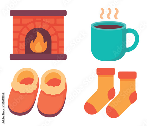 Cozy winter essentials: fireplace, hot drink, slippers, warm socks illustration