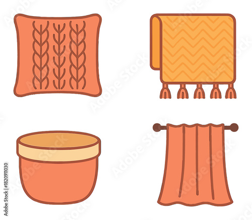 Cozy home decor elements: pillow, blanket, basket, curtain on warm background