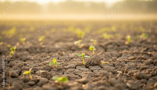 Small green sprouts emerging from cracked dry soil under sunlight, concept of resilience, climate crisis, drought survival and fragile hope in arid landscape