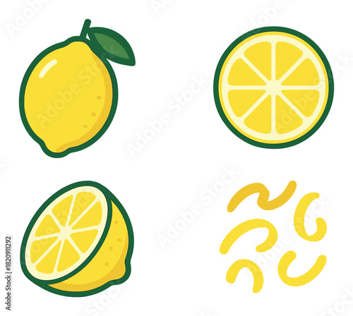Cartoon lemons and slices on green background with artistic glow
