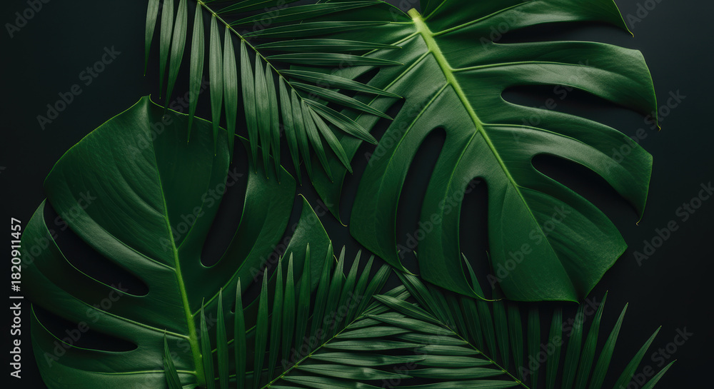 Fototapeta premium Tropical monstera and palm leaves overlapping on dark moody background with dramatic shadows and rich green botanical texture