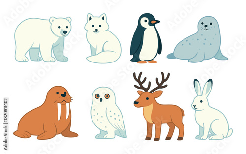 Cute arctic animals: polar bear, arctic fox, penguin, seal, walrus, owl, deer, hare