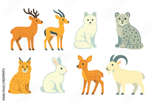 Colorful cartoon forest animal illustrations: deer, ibex, lynx, hare, fawn, leopard, fox, goat
