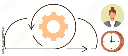 Gear inside a cloud symbolizes technology, automation, and digital processes. User portrait and clock emphasize time management, teamwork, and efficiency. Ideal for productivity, project management