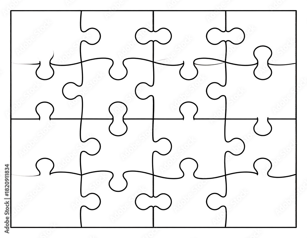 Fototapeta premium A blank, 4x3 rectangular jigsaw puzzle of white pieces with black outlines, ready to be assembled