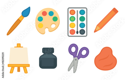 Colorful art supplies: palette, brush, paints, canvas, ink, scissors, clay, pencil