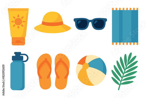 Summer essentials: hat, sunglasses, flip flops, beach ball, and more