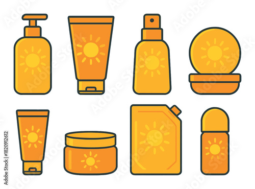 Collection of sun-themed skincare product icons on gradient background