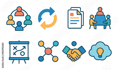 Collaborative teamwork and strategy icons set with innovative concepts