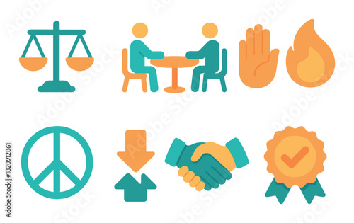 Neon icons of negotiation and agreement with scales, handshake, and peace symbols