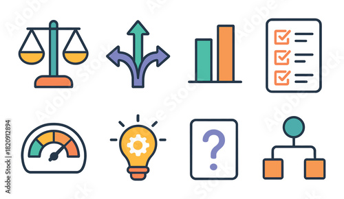 Vector symbols: balance, decision-making, growth, checklist, speed, innovation, mystery, structure