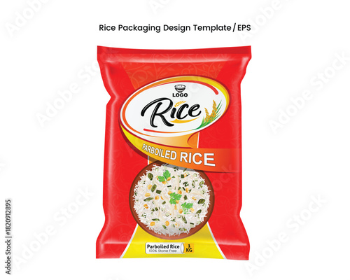 Modern Premium Rice Packaging Mockup – Vector Template for Food Bag Label, Clean Branding Design