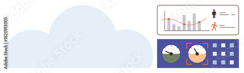 Cloud base, analytics graph, progress trackers, grid metrics, trends, performance, figures. Ideal for cloud technology, business analysis data tracking efficiency tools tech systems growth