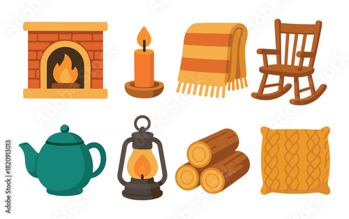 Cozy autumn elements: fireplace, candle, blanket, rocking chair, teapot, lantern, logs, pillow