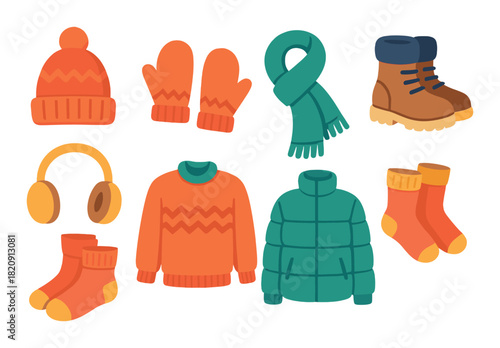 Colorful winter clothing essentials: hats, gloves, scarves, boots, coats, socks