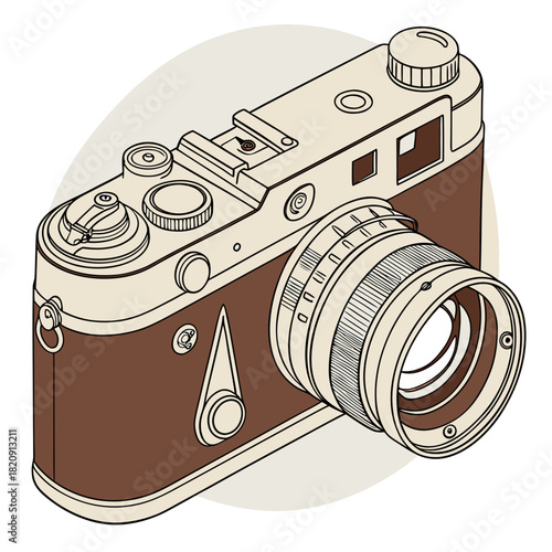Beautifully detailed vintage analog camera illustration, evoking the timeless charm of traditional photography and a nostalgic appreciation for classic design