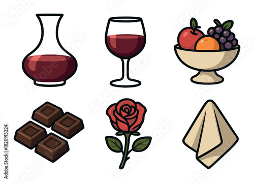 Illustrated wine, chocolate, and fruit still life with rose and napkin on brown background