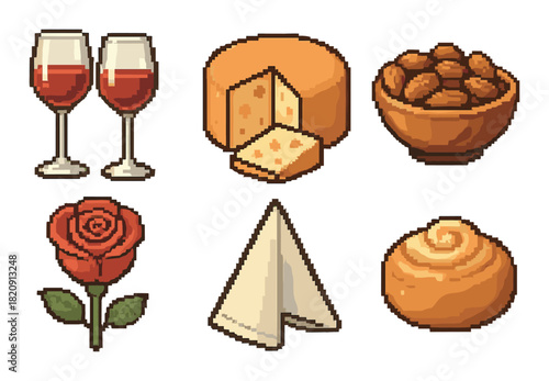 Pixel art wine, cheese, almonds, rose, napkin, and bread roll