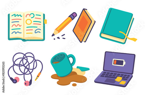 Colorful cartoon office supplies with notebook, pencil, mug, laptop, headphones