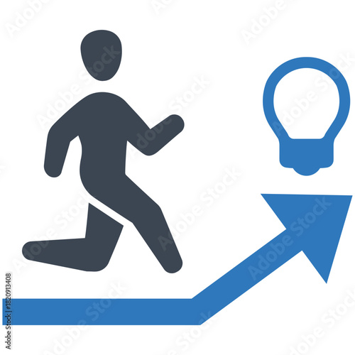 Idea in Motion: A silhouette of a person running up an arrow toward a lightbulb, symbolizing the journey towards a brilliant idea, innovation, and creative inspiration. 