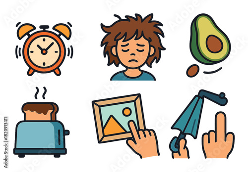 Morning routine: sleepy young caucasian male and daily items illustration