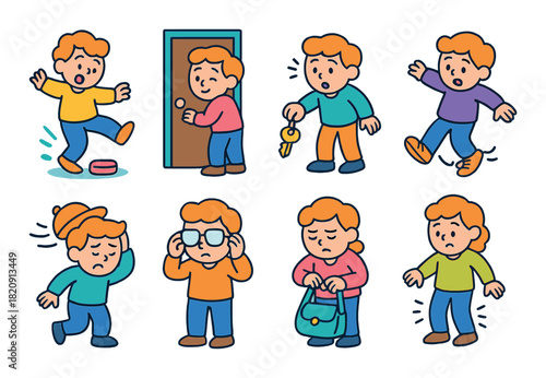 Cartoon expressions of young caucasian male character in various daily activities
